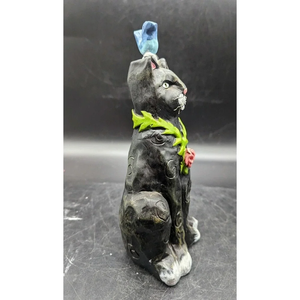 Contemporary Resin Black Cat Figurine Bluebird Nest Flower 9